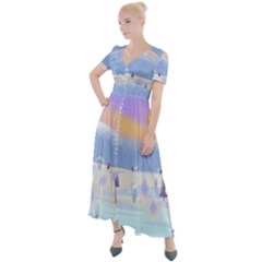 Vector Winter Landscape Sunset Evening Snow Button Up Short Sleeve Maxi Dress