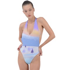 Vector Winter Landscape Sunset Evening Snow Backless Halter One Piece Swimsuit