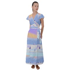 Vector Winter Landscape Sunset Evening Snow Flutter Sleeve Maxi Dress by Mog4mog4