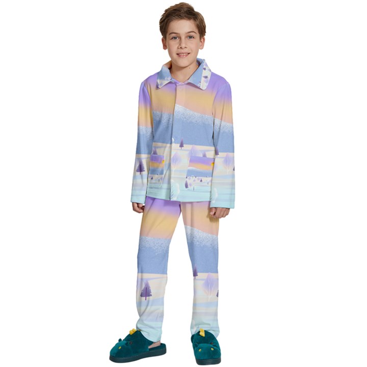 Vector Winter Landscape Sunset Evening Snow Kids  Long Sleeve Velvet Pajamas Set