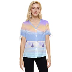 Vector Winter Landscape Sunset Evening Snow Bow Sleeve Button Up Top