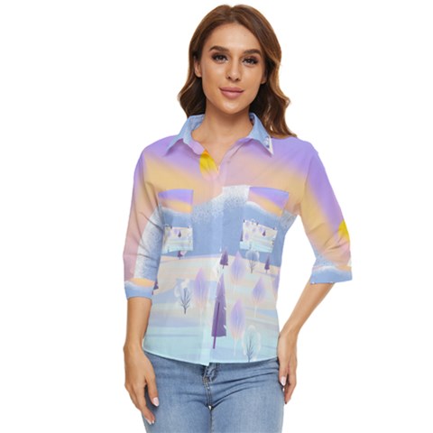 Vector Winter Landscape Sunset Evening Snow Women s Quarter Sleeve Pocket Shirt by Mog4mog4