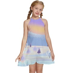 Vector Winter Landscape Sunset Evening Snow Kids  Halter Collar Waist Tie Chiffon Dress