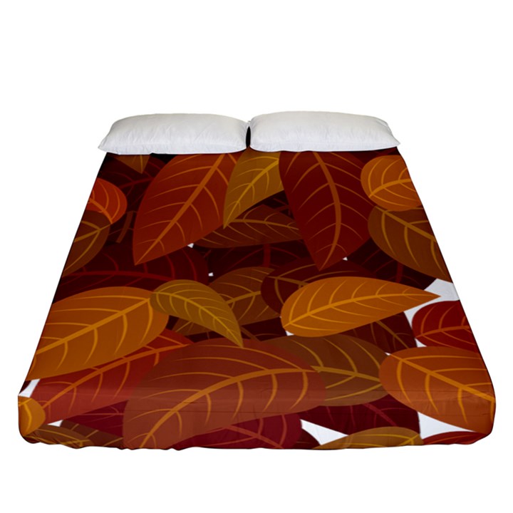 Watercolor Leaves Leaf Orange Fitted Sheet (Queen Size)