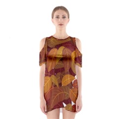 Watercolor Leaves Leaf Orange Shoulder Cutout One Piece Dress by Bakwanart