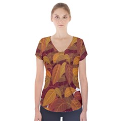 Watercolor Leaves Leaf Orange Short Sleeve Front Detail Top by Bakwanart