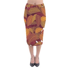 Watercolor Leaves Leaf Orange Velvet Midi Pencil Skirt by Bakwanart