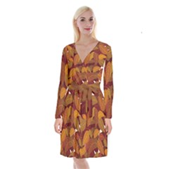 Watercolor Leaves Leaf Orange Long Sleeve Velvet Front Wrap Dress by Bakwanart