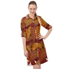 Watercolor Leaves Leaf Orange Long Sleeve Mini Shirt Dress by Bakwanart