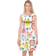 Cute Animals Cartoon Seamless Background Capsleeve Midi Dress by Bakwanart