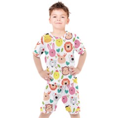 Cute Animals Cartoon Seamless Background Kids  Tee And Shorts Set by Bakwanart