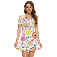 Cute Animals Cartoon Seamless Background V-neck High Waist Chiffon Mini Dress by Bakwanart