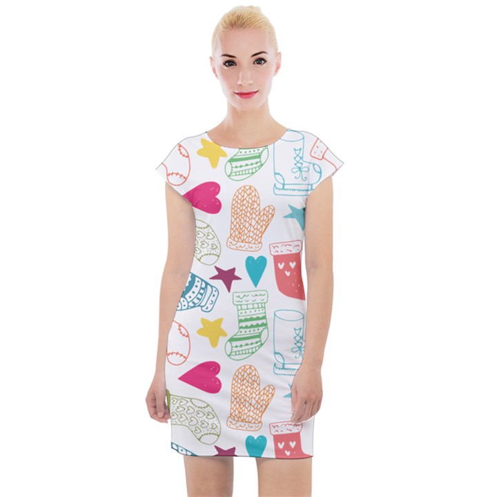 Cute Doodle Christmas Gloves And Stockings Seamless Pattern Cap Sleeve Bodycon Dress