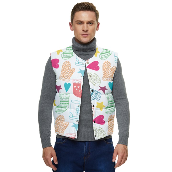 Cute Doodle Christmas Gloves And Stockings Seamless Pattern Men s Short Button Up Puffer Vest	