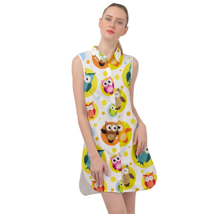 Owl Bird Cartoon Sleeveless Shirt Dress