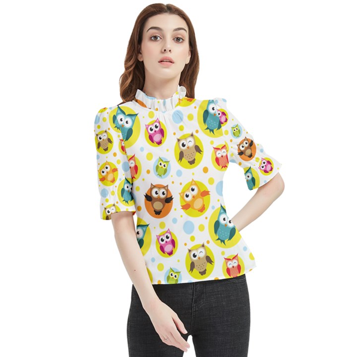 Owl Bird Cartoon Frill Neck Blouse