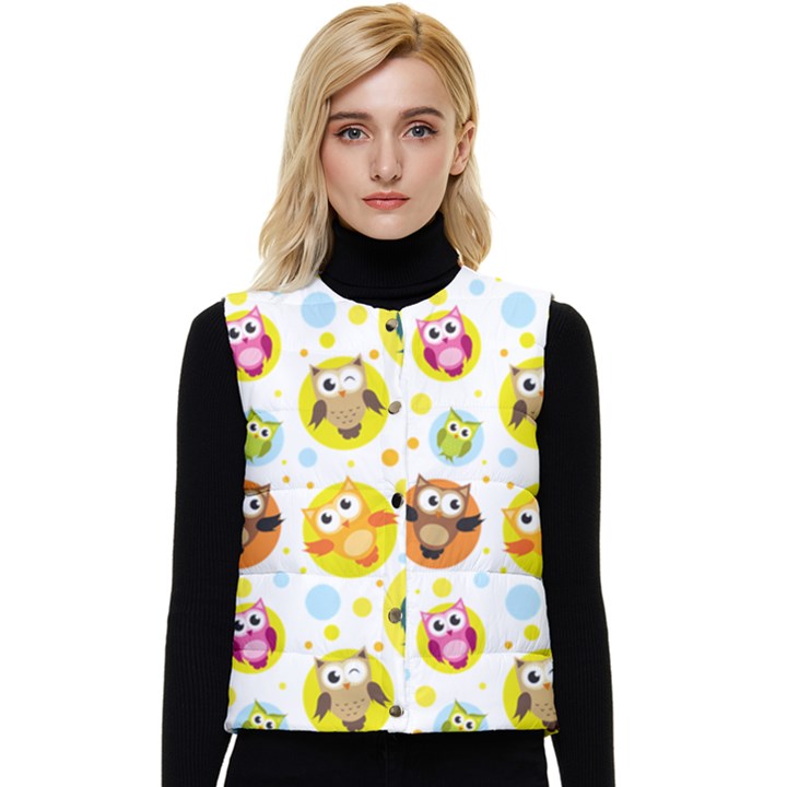 Owl Bird Cartoon Women s Short Button Up Puffer Vest