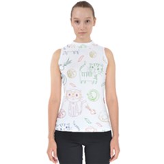 Cats And Food Doodle Seamless Pattern Mock Neck Shell Top by Bakwanart