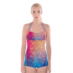 Multicolored Geometric Origami Idea Pattern Boyleg Halter Swimsuit  by Bakwanart