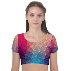 Multicolored Geometric Origami Idea Pattern Velvet Short Sleeve Crop Top  by Bakwanart