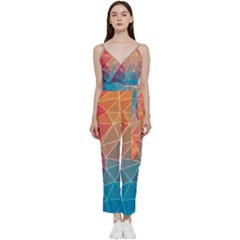 Multicolored Geometric Origami Idea Pattern V-neck Spaghetti Strap Tie Front Jumpsuit by Bakwanart