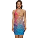 Multicolored Geometric Origami Idea Pattern Sleeveless Wide Square Neckline Ruched Bodycon Dress View1