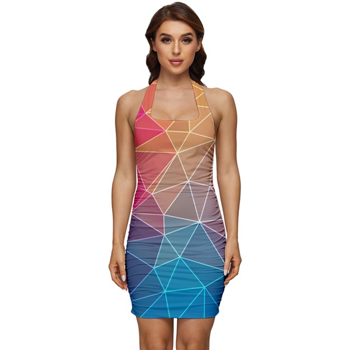 Multicolored Geometric Origami Idea Pattern Sleeveless Wide Square Neckline Ruched Bodycon Dress