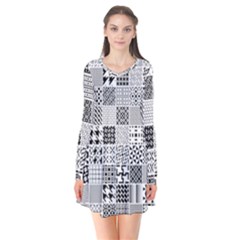 Black And White Geometric Patterns Long Sleeve V-neck Flare Dress