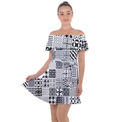 Black And White Geometric Patterns Off Shoulder Velour Dress