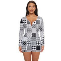 Black And White Geometric Patterns Long Sleeve Boyleg Swimsuit