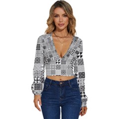 Black And White Geometric Patterns Long Sleeve Deep-V Velour Top