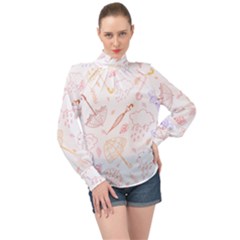 Weather Umbrella Rain Cloud Seamless Doodle Pattern High Neck Long Sleeve Chiffon Top by Bakwanart