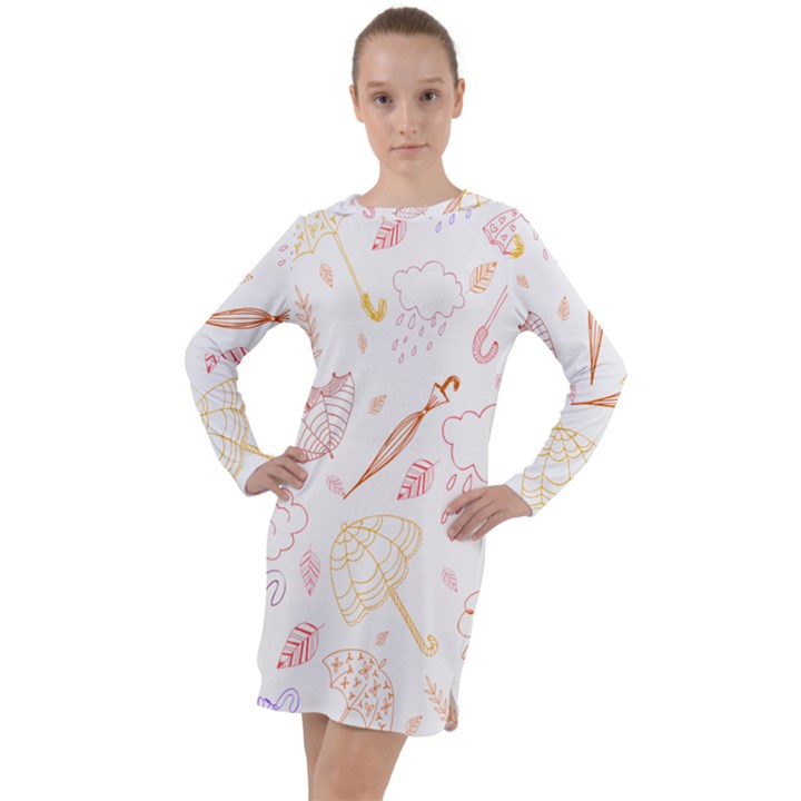 Weather Umbrella Rain Cloud Seamless Doodle Pattern Long Sleeve Hoodie Dress