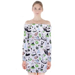 Giant Panda Bear Pattern Long Sleeve Off Shoulder Dress by Bakwanart