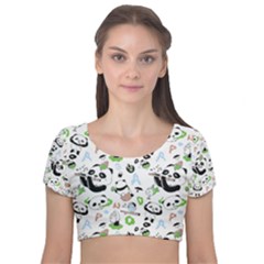 Giant Panda Bear Pattern Velvet Short Sleeve Crop Top  by Bakwanart