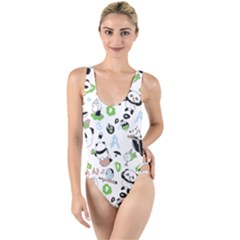 Giant Panda Bear Pattern High Leg Strappy Swimsuit by Bakwanart