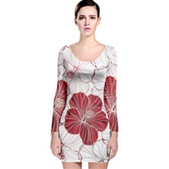 Red Hibiscus Flowers Art Long Sleeve Velvet Bodycon Dress by Bakwanart