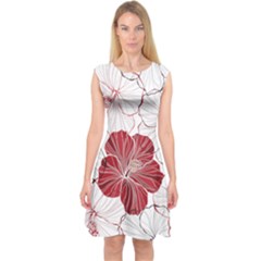 Red Hibiscus Flowers Art Capsleeve Midi Dress by Bakwanart