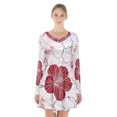 Red Hibiscus Flowers Art Long Sleeve Velvet V-neck Dress by Bakwanart