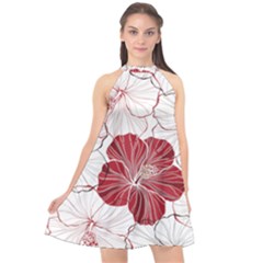 Red Hibiscus Flowers Art Halter Neckline Chiffon Dress  by Bakwanart