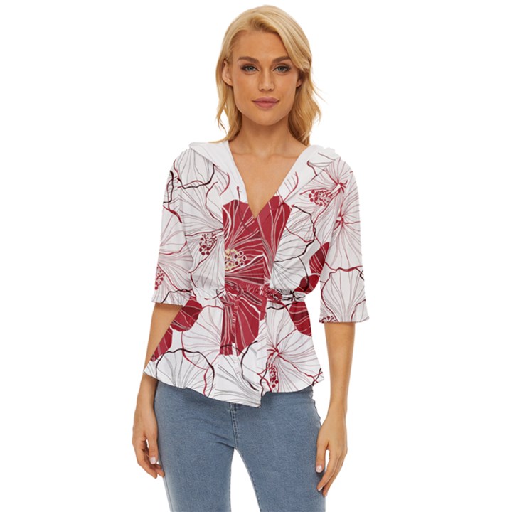 Red Hibiscus Flowers Art Lightweight Drawstring Hooded Top