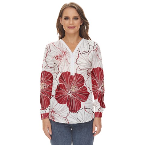 Red Hibiscus Flowers Art Zip Up Long Sleeve Blouse by Bakwanart