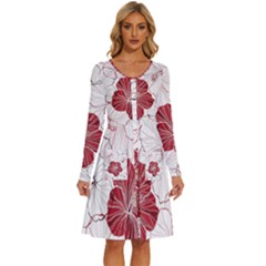 Red Hibiscus Flowers Art Long Sleeve Dress With Pocket by Bakwanart