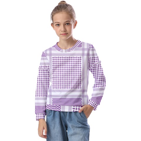 Square Purple Pattern Bead Purple Keffiyeh Purple Geometric Headdress Angle Violet Rectangle Kids  Long Sleeve Tee With Frill  by Bakwanart