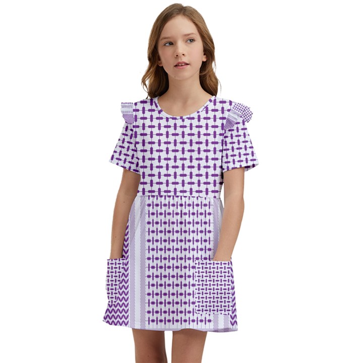 Square Purple Pattern Bead Purple Keffiyeh Purple Geometric Headdress Angle Violet Rectangle Kids  Frilly Sleeves Pocket Dress