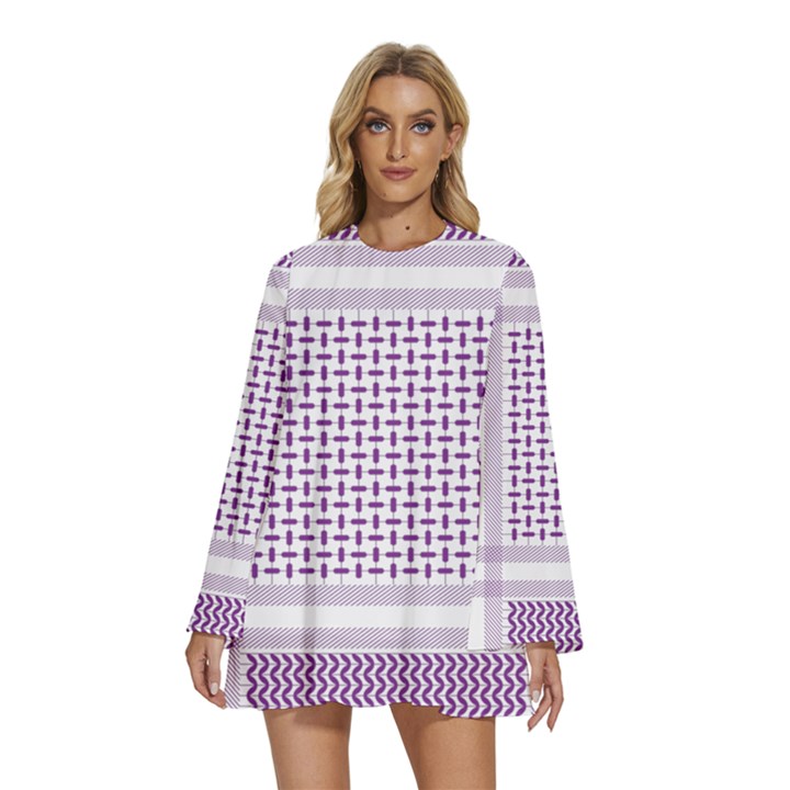 Square Purple Pattern Bead Purple Keffiyeh Purple Geometric Headdress Angle Violet Rectangle Round Neck Long Sleeve Bohemian Style Chiffon Mini Dress