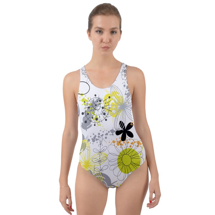 Doodle Flowers Hand Drawing Pattern Cut-Out Back One Piece Swimsuit