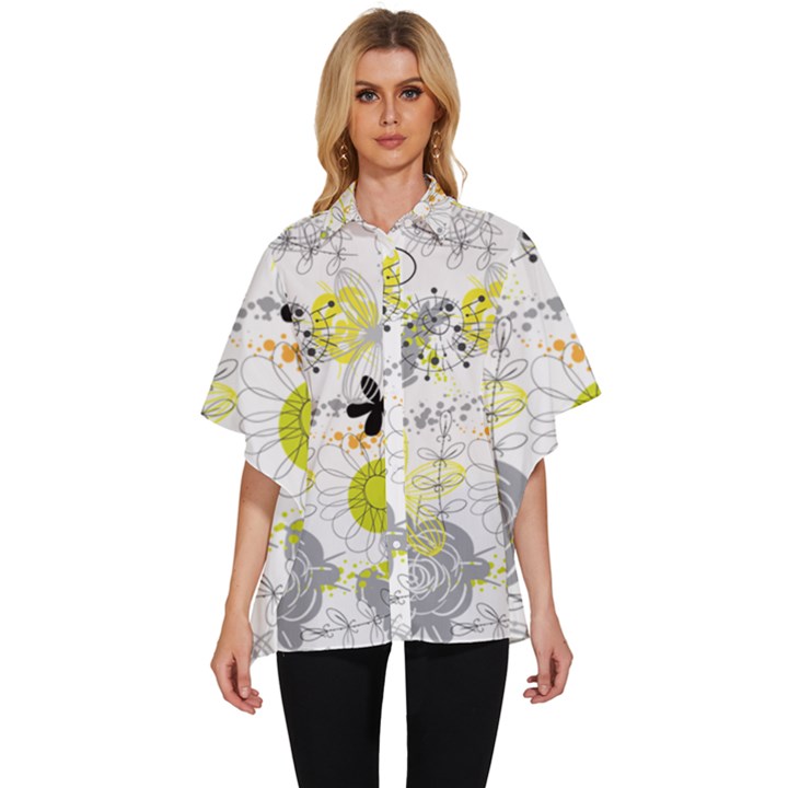 Doodle Flowers Hand Drawing Pattern Women s Batwing Button Up Shirt