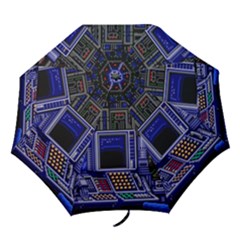 Blue Computer Monitor With Chair Game Digital Wallpaper, Digital Art Folding Umbrellas by Bakwanart