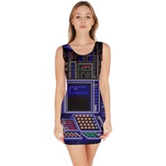 Blue Computer Monitor With Chair Game Digital Wallpaper, Digital Art Bodycon Dress by Bakwanart